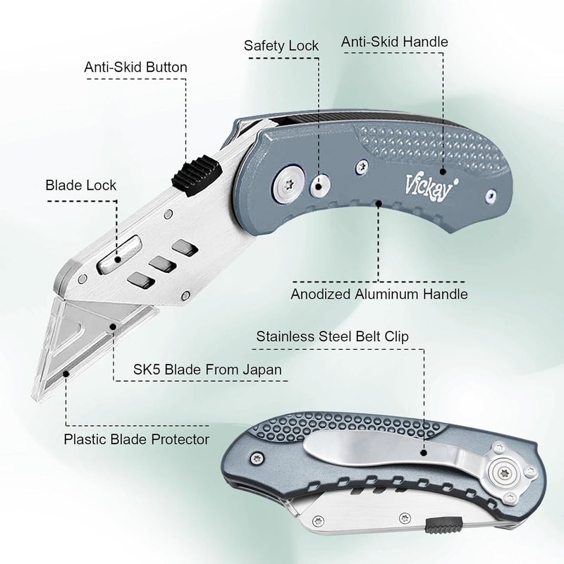 Vickay Folding Utility Knife, Box Cutter with Heavy Duty SK5 Quick Change Blades, Safety Axis Lock Design Razor Knife, Lightweight Aluminum Handle Belt Clip for Office Home Artcraft (Grey) - Image 3